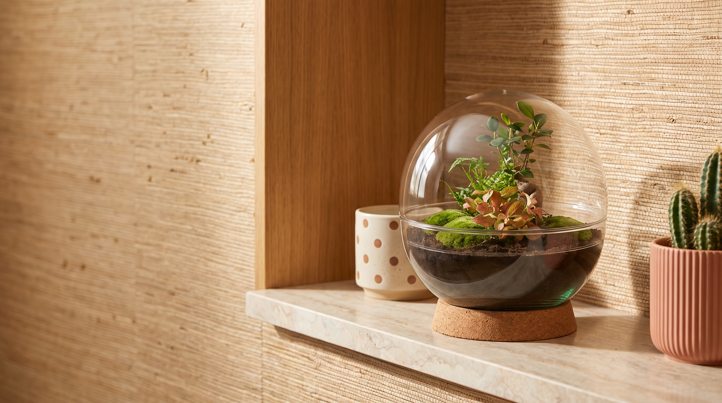 Handmade Dome XL Bonsai terrarium as a friendship gift, styled on a marble shelf against woven grasscloth wallpaper