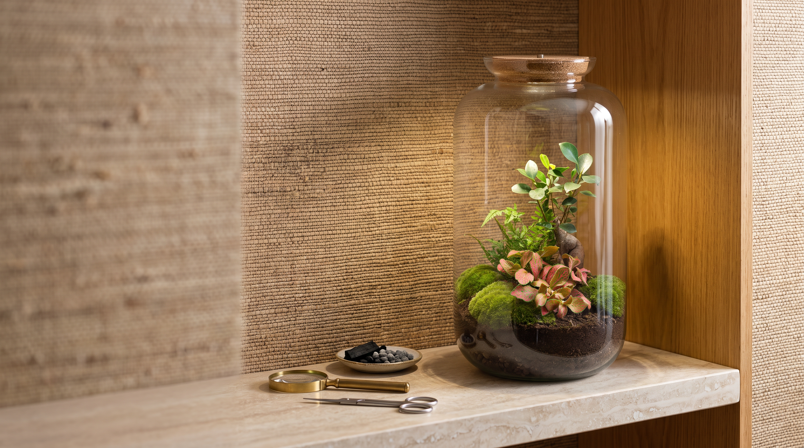 Sven XL Bonsai closed terrarium with LED cork, a magnifying glass and activated charcoal on a stone shelf