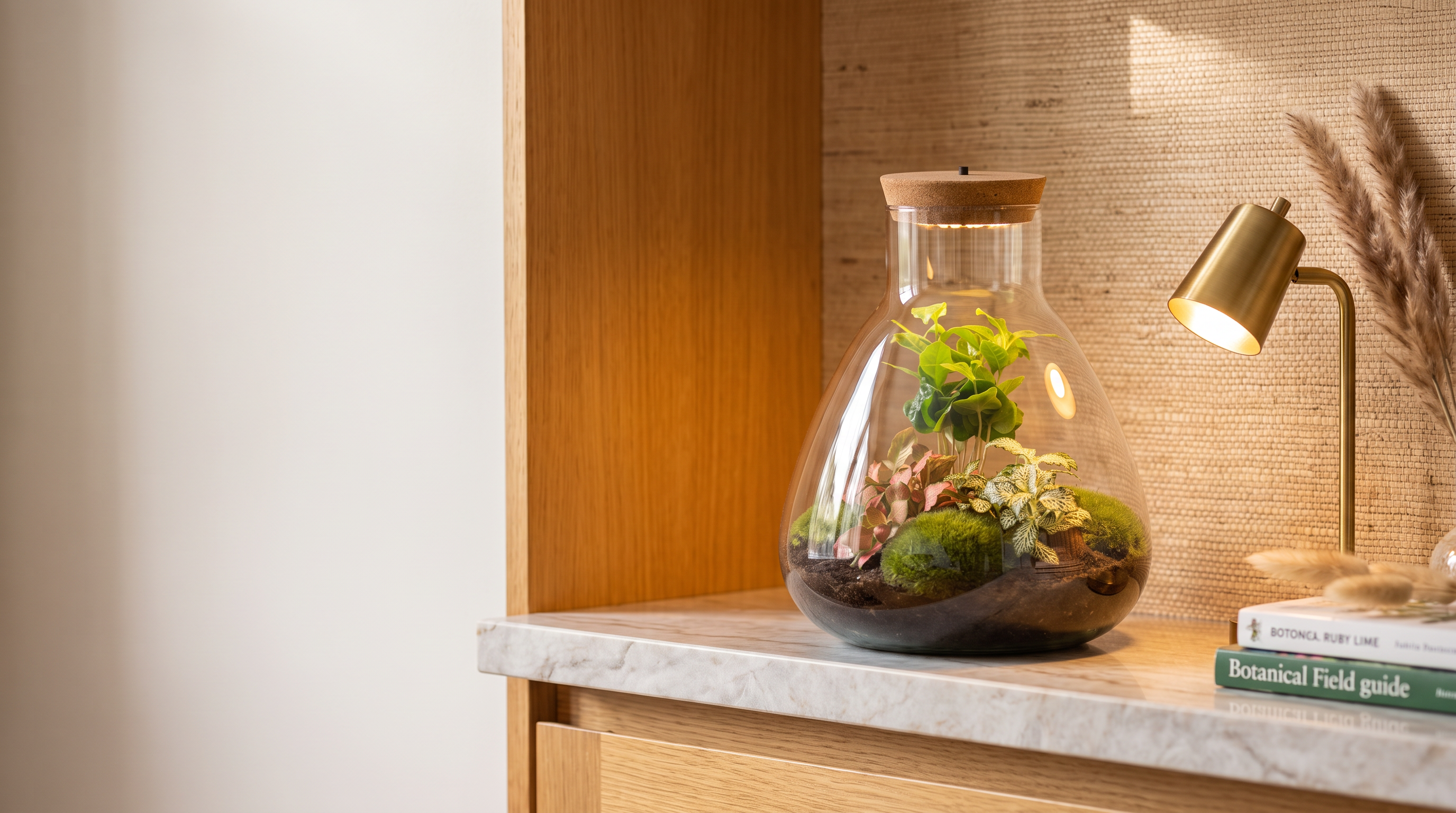 Sam Coffea terrarium with built-in LED light glowing warmly on a stone shelf, next to a brass reading lamp and botanical books against a honey-wood and grasscloth wall