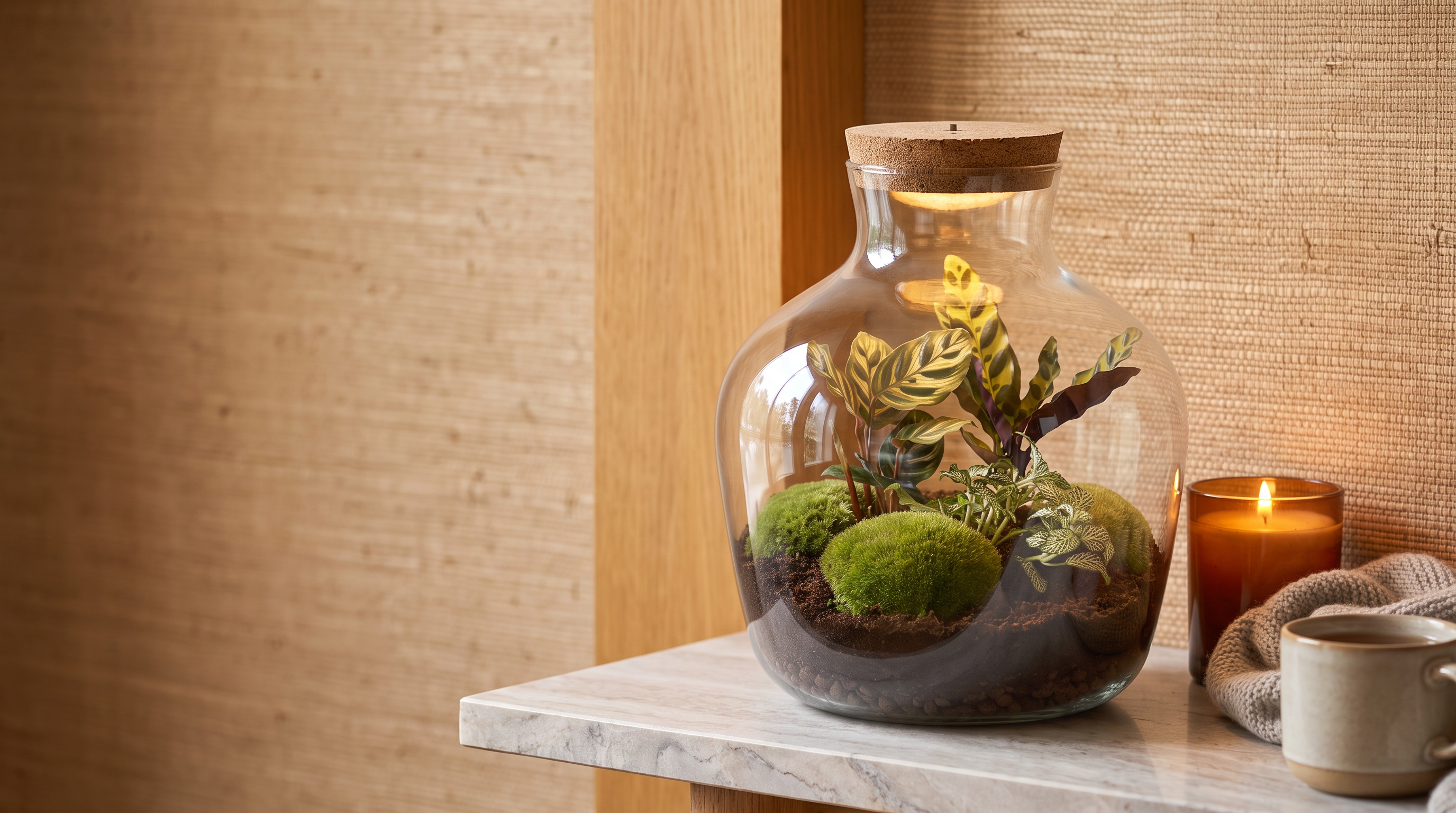 Fat Joe terrarium with glowing LED cork lighting up a cozy dark evening living room scene