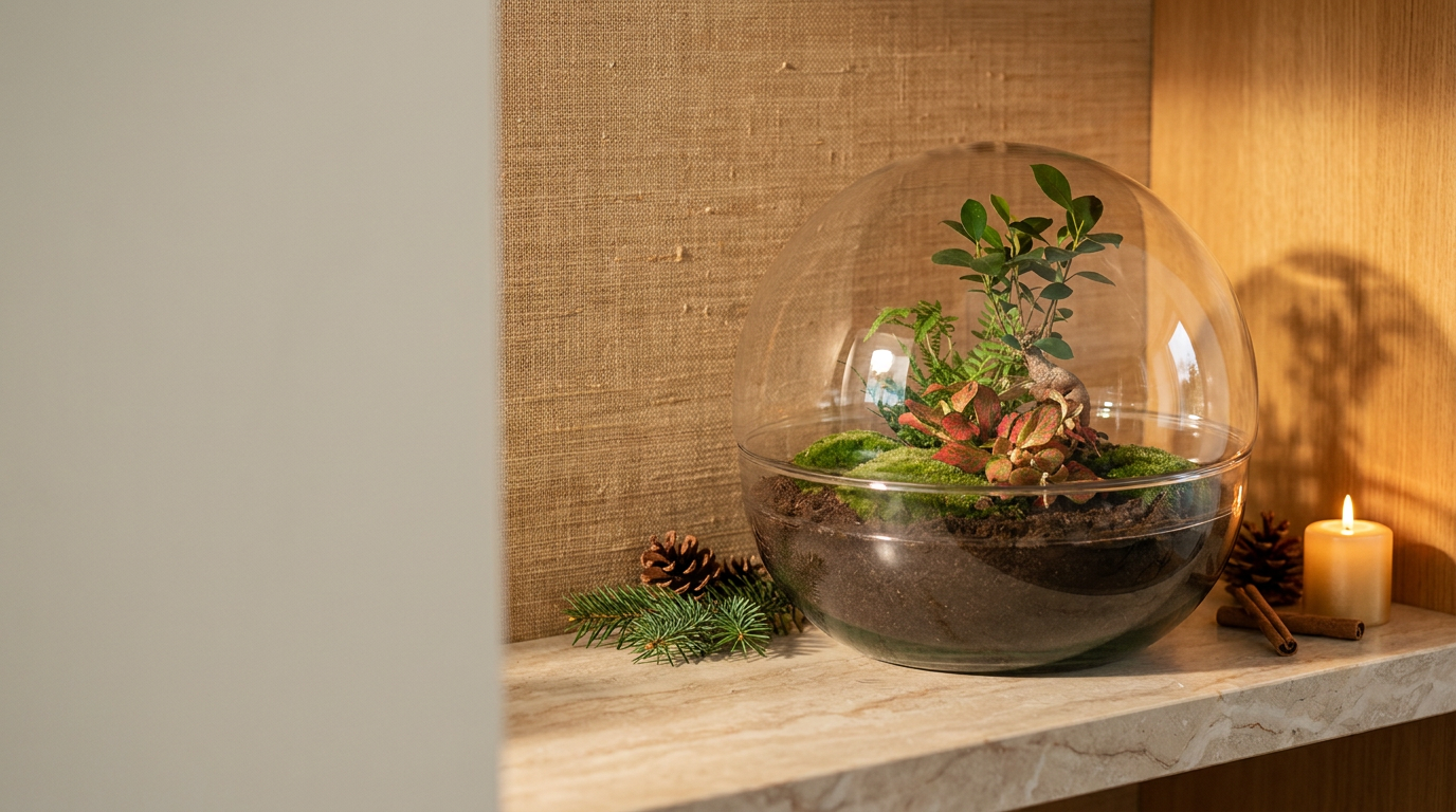 Round glass Dome XL Bonsai terrarium styled as a Christmas table centerpiece with pinecones and candlelight