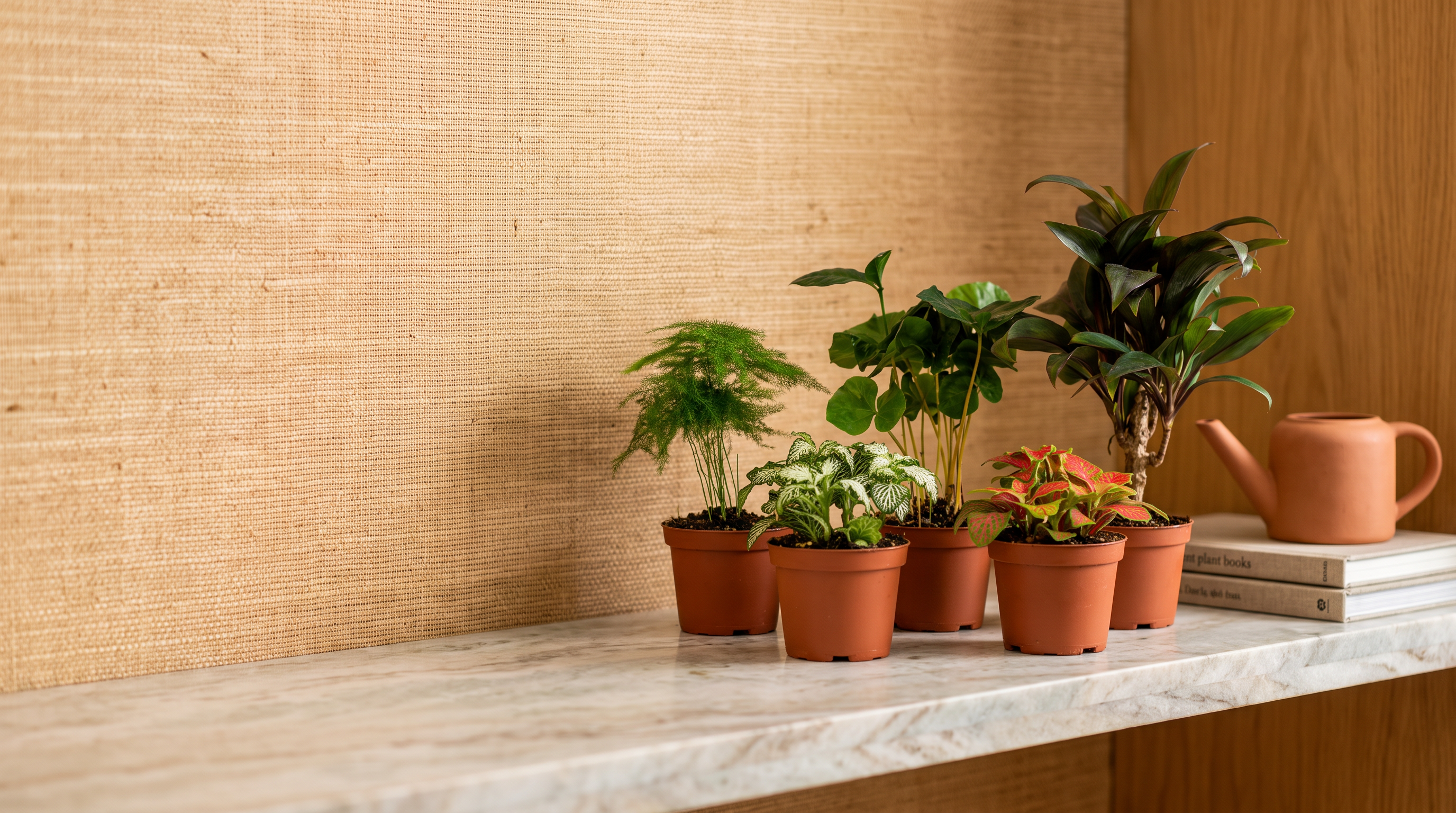 Plant terrarium set with Coffea arabica, mini palm, asparagus and Fittonia on a marble shelf in a warm interior