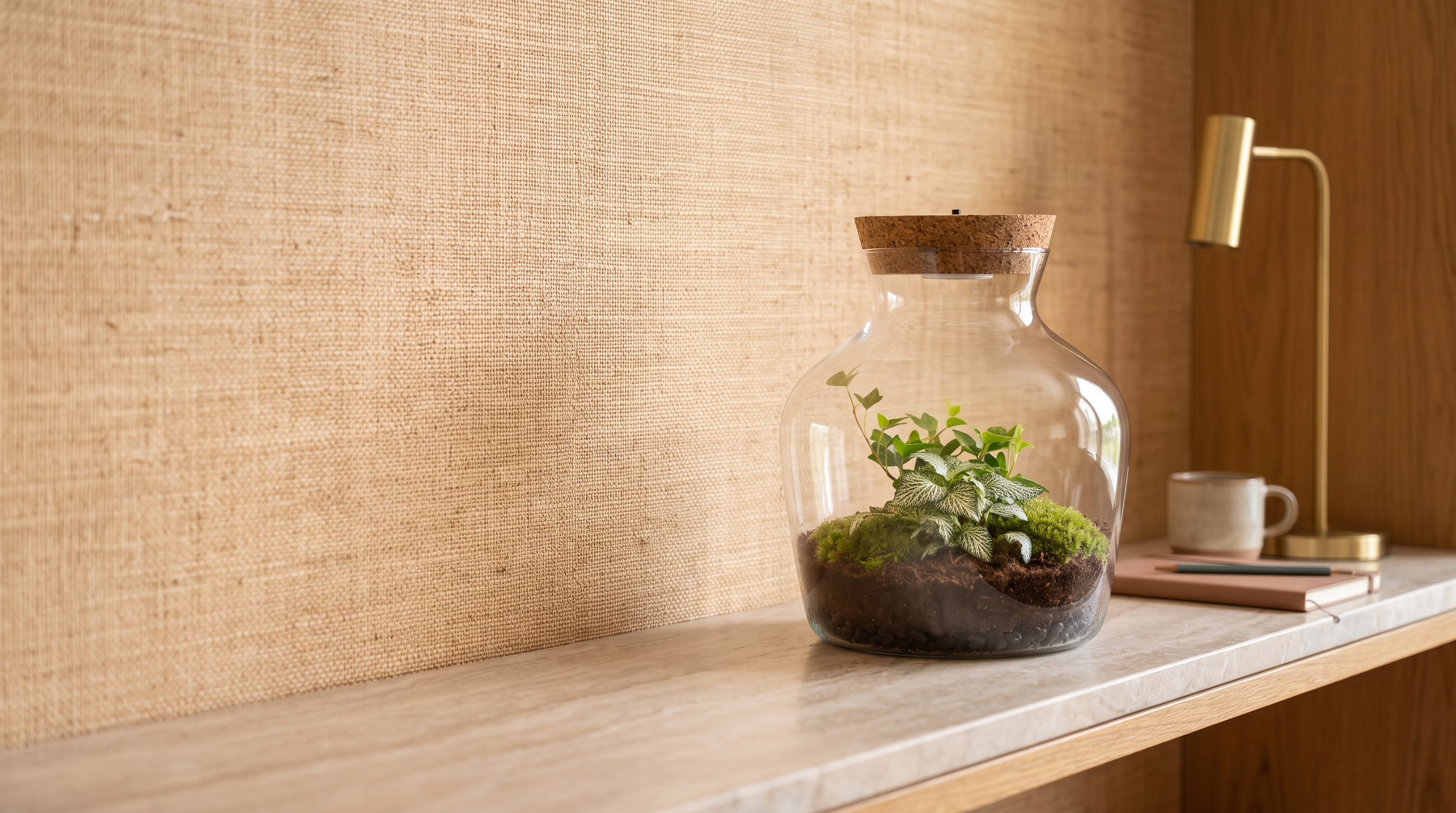 Little Joe terrarium with LED cork on a marble shelf in a warm interior with a mug, notebook and brass desk lamp