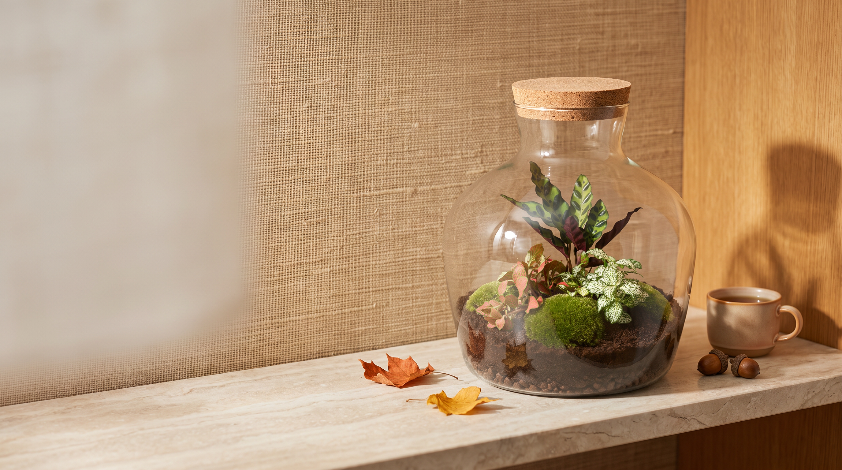 Fat Joe Red terrarium on a marble shelf with autumn leaves, acorns and a mug of tea
