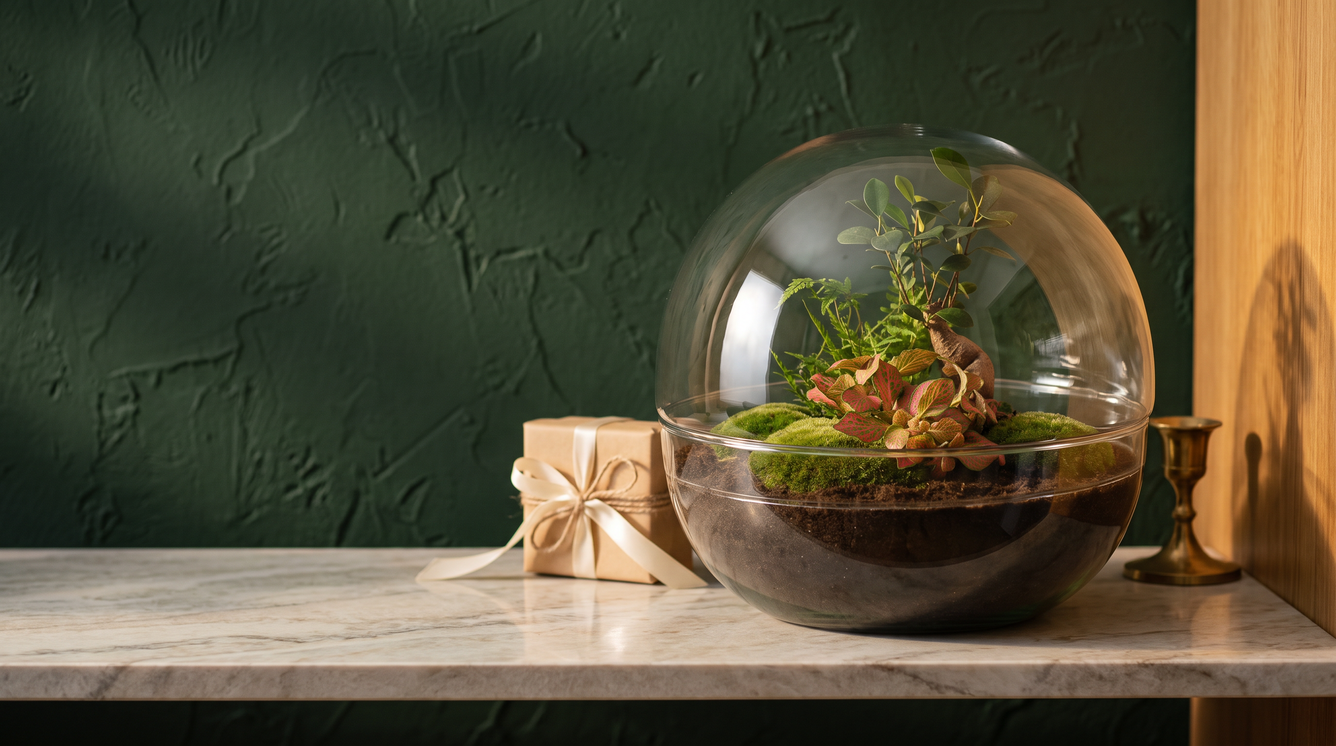 Dome XL Bonsai terrarium on a marble shelf against a dark green wall with a kraft-wrapped gift box and cream ribbon