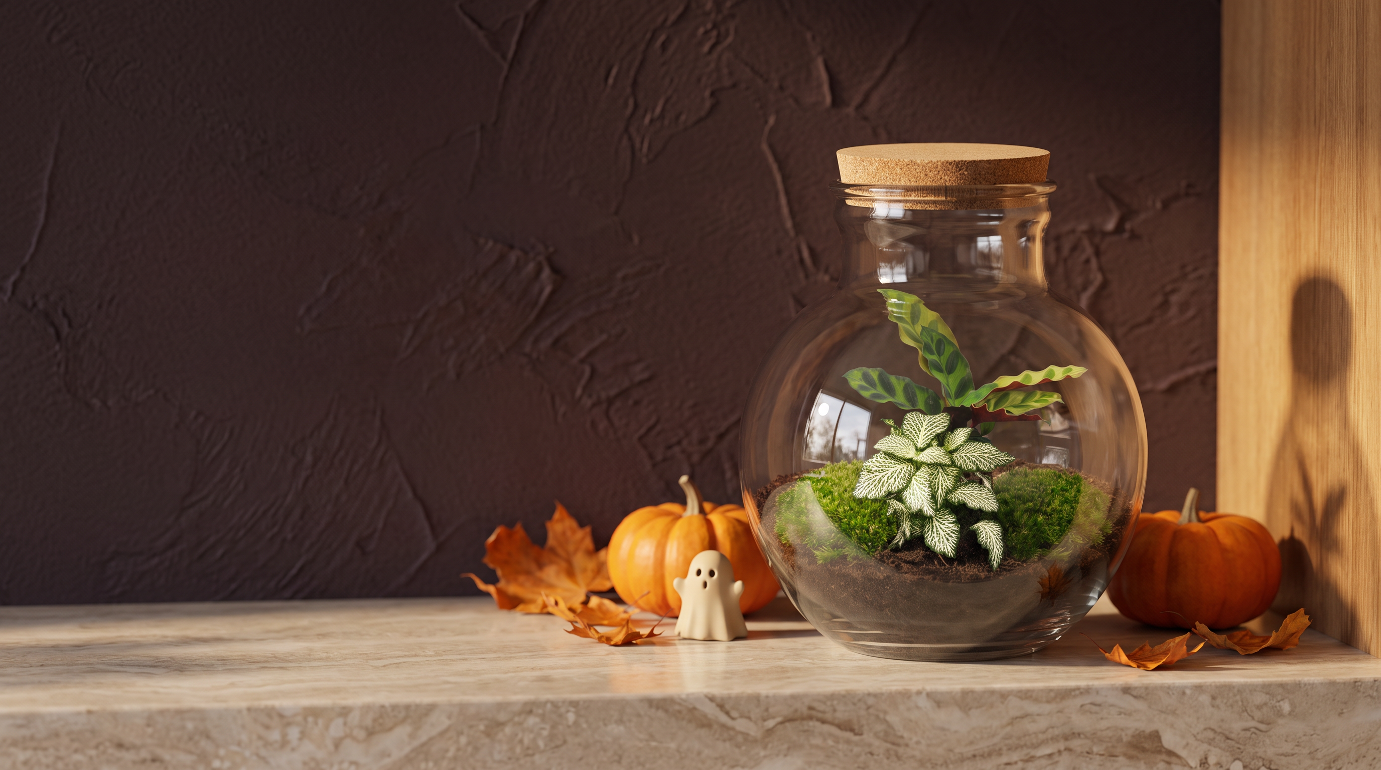 Teddy terrarium on a marble shelf against a dark aubergine wall with small pumpkins, dried leaves and a tiny ghost figurine