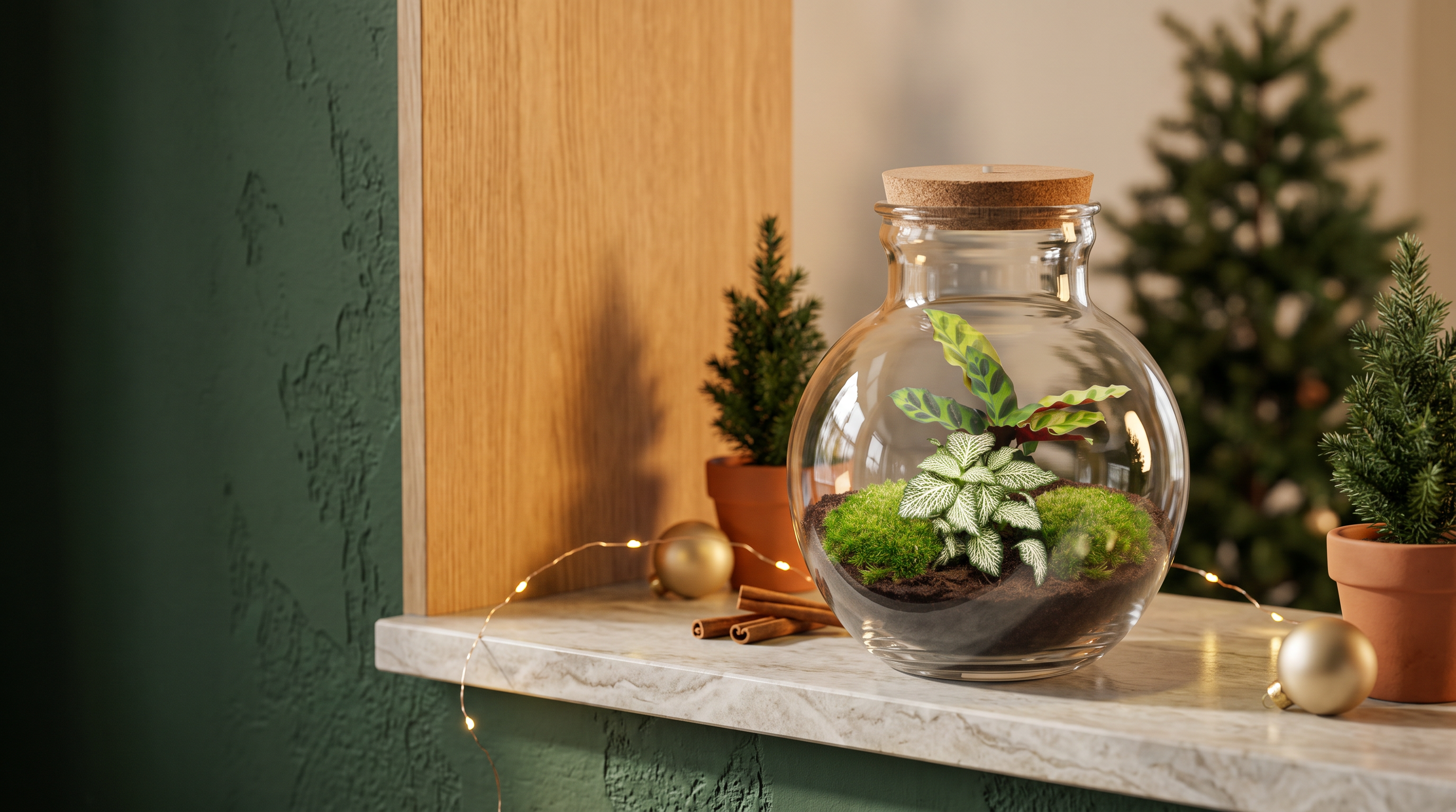 Teddy terrarium on a marble shelf with fairy lights, mini fir tree and golden baubles against a dark green wall