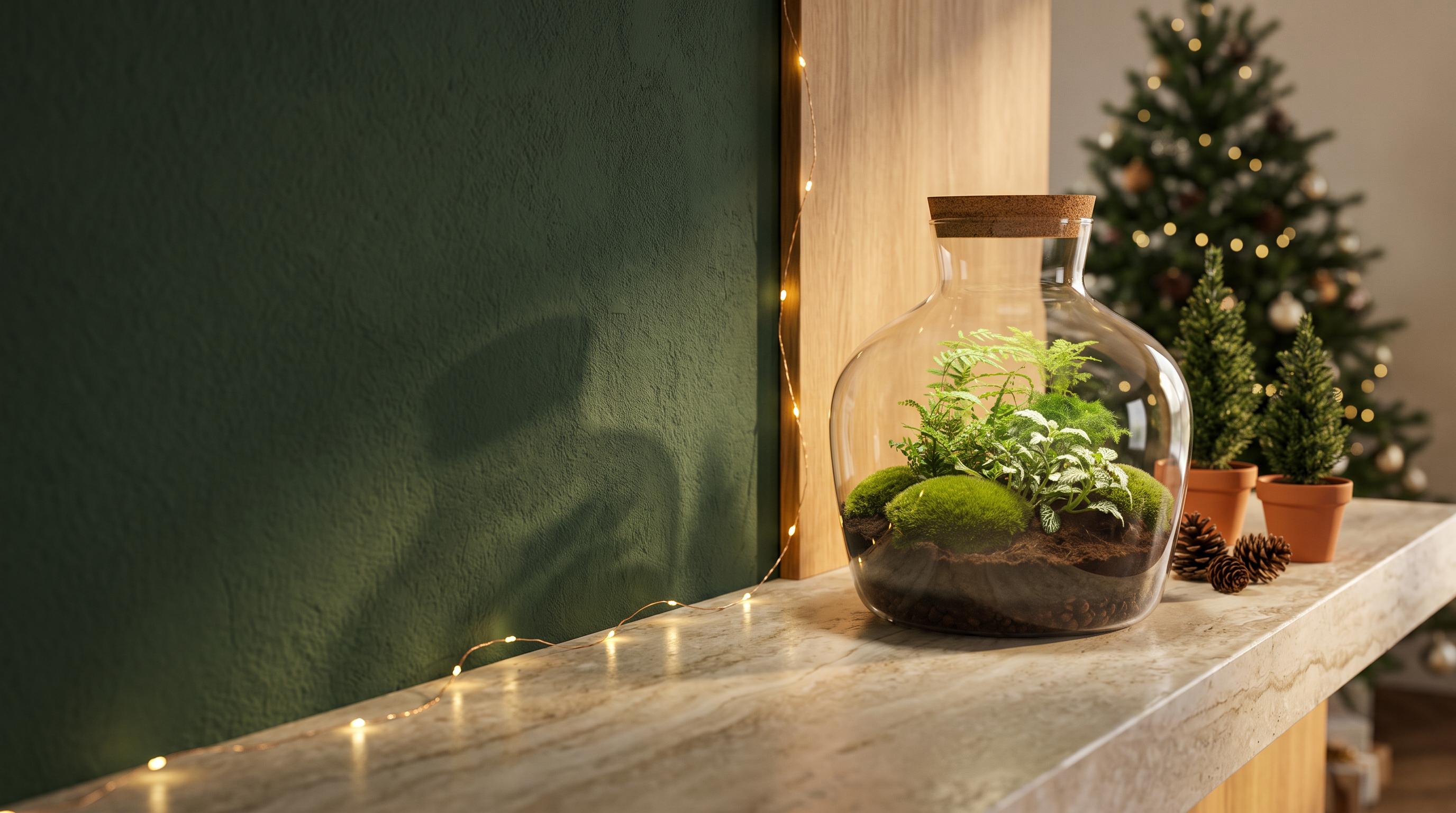 Fat Joe Green terrarium on a marble shelf in front of a dark green wall with mini fir trees in terracotta pots and warm fairy lights