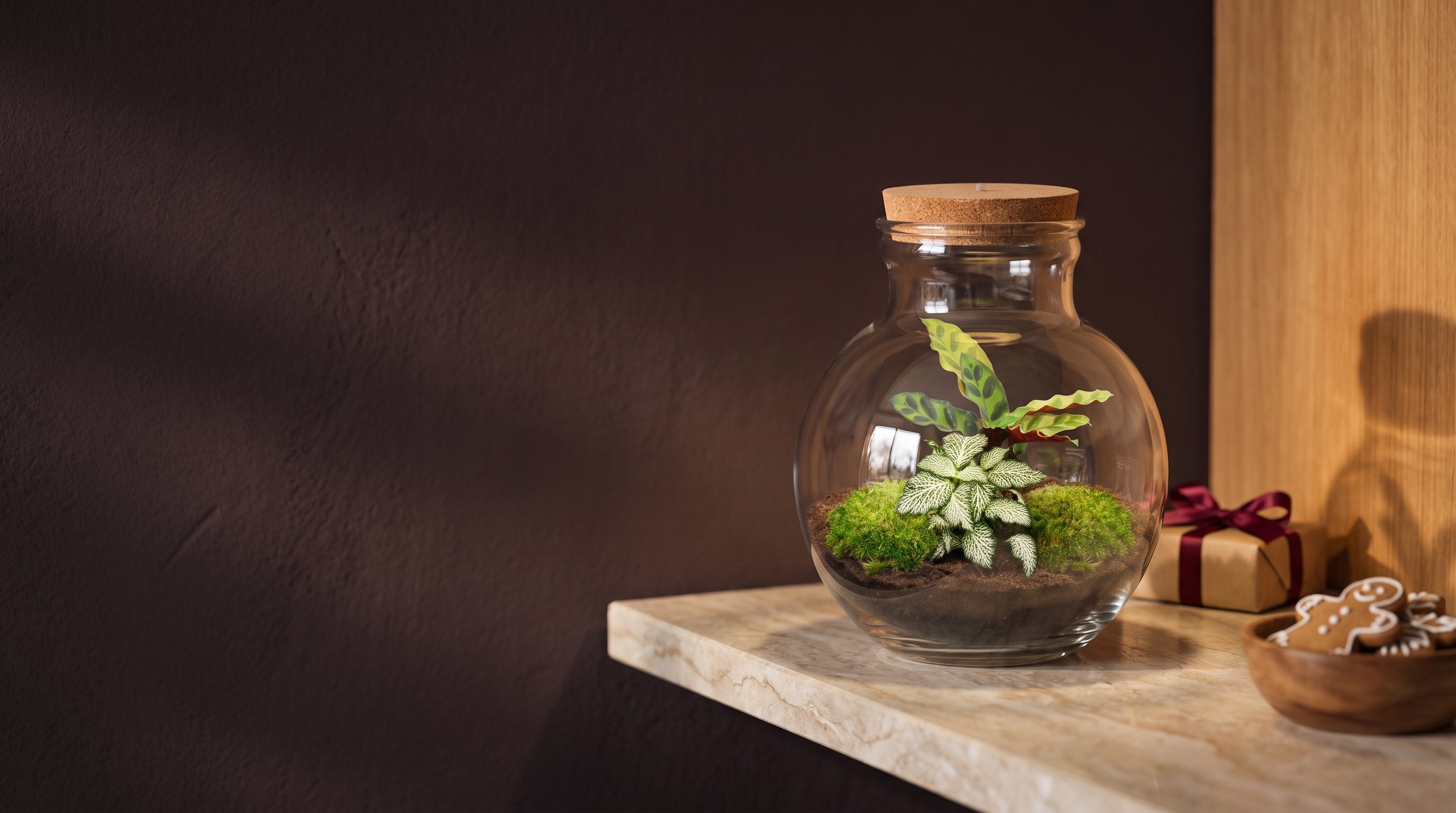 Teddy terrarium with plants and moss on a marble shelf in front of a dark aubergine wall, next to a kraft-wrapped gift parcel