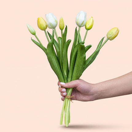 Tulpen Bouquet - Soft Light - ‘Real Touch’ kunst tulpen - 7 tulpen stiele - 40 cm