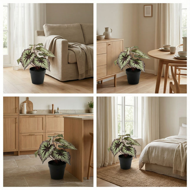 Begonia 26 cm – In pot – Grijs-paarse bladeren – Kunstplant – UV-bestendig – Binnen & buiten