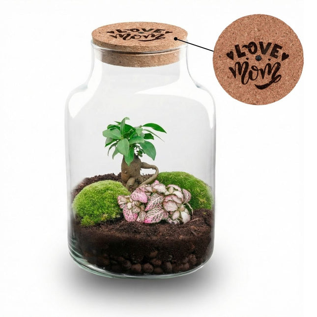 'LOVE MOM' terrarium Little Milky + Engraved cork with light - Bottle garden DIY kit - Ø 17 cm ↑ 25 cm - Mother’s Day