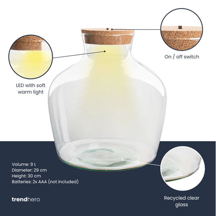 Terrarium fles ‘Fat Joe’ - Incl. LED-kurk - Gesloten terrarium Ø 29 cm ↑ 30 cm