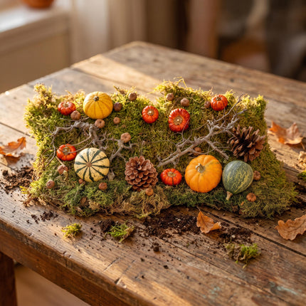 Herbst-Deko-Set 4 echte Kürbisse Ø 6 cm + Moos Holz Zapfen