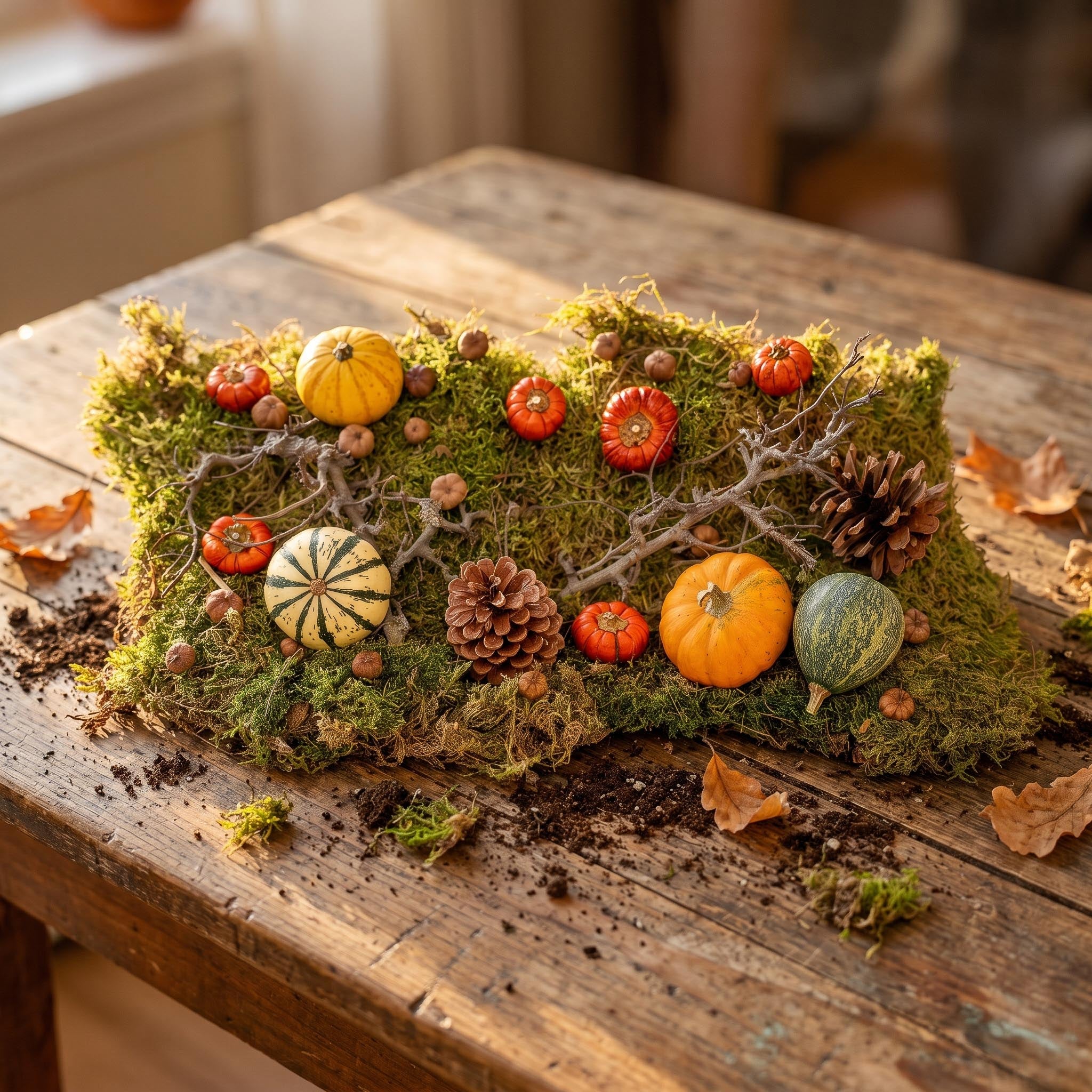 Herbst-Deko-Set 4 echte Kürbisse Moos Holz Zapfen