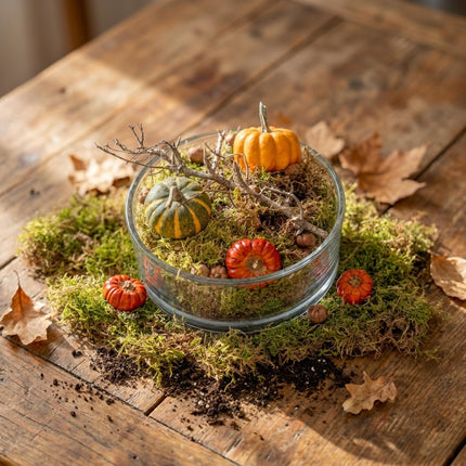 Herfstschaal Medium glas 2 pompoenen mos dennenappels Ø 20 cm