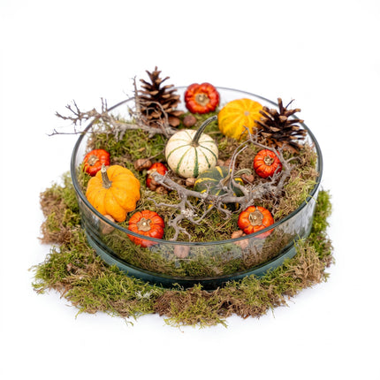 Herfstschaal groot - Glas Ø 29 cm met pompoenen, mos, dennenappels