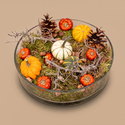 Herfstschaal groot - Glas Ø 29 cm met pompoenen, mos, dennenappels