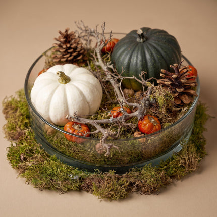 Herfstschaal Pompoen Groot - Glas met 2 echte Pompoenen Ø 12cm