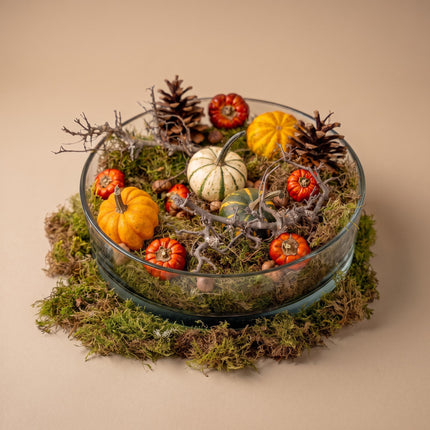 Herfstschaal groot - Glas Ø 29 cm met pompoenen, mos, dennenappels