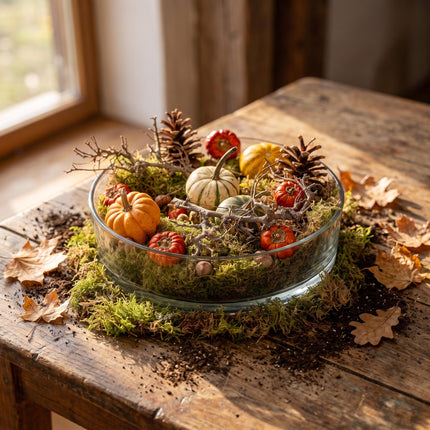 Herfstschaal groot - Glas Ø 29 cm met pompoenen, mos, dennenappels