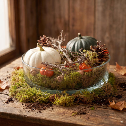Herfstschaal Pompoen Groot - Glas met 2 echte Pompoenen Ø 12cm