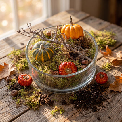 Herfstschaal Medium glas 2 pompoenen mos dennenappels Ø 20 cm