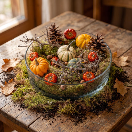 Herfstschaal groot - Glas Ø 29 cm met pompoenen, mos, dennenappels