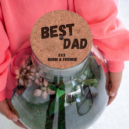 Vaderdag terrarium Little Joe + gepersonaliseerde gegraveerde kurk met verlichting - Flessentuin DIY kit - Ø 20 cm ↑ 22 cm