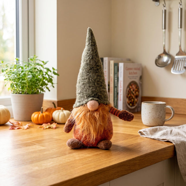 Kabouter - 32 cm - Wol, katoen - Groene muts - Herfst, Halloween