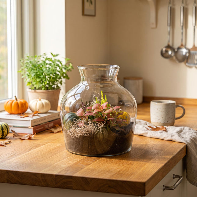 Little Joe Autumn – Glasflasche mit Herbstpflanzen und Mini-Kürbissen – Herbst-Flaschengarten DIY-Set – Ø 20 cm ↑ 22 cm