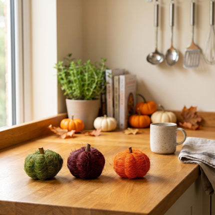Three natural pumpkins in green, orange and dark red for terrarium decoration