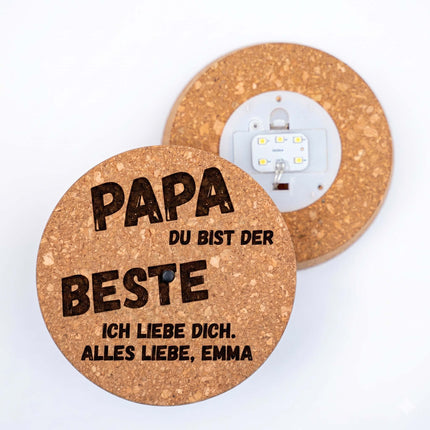 Engraved LED cork lid - 'PAPA DU BIST DER BESTE' - Add custom text - Cork size S (GERMAN)